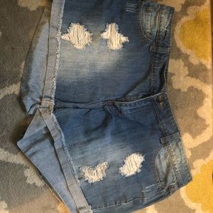 Distressed denim shorts